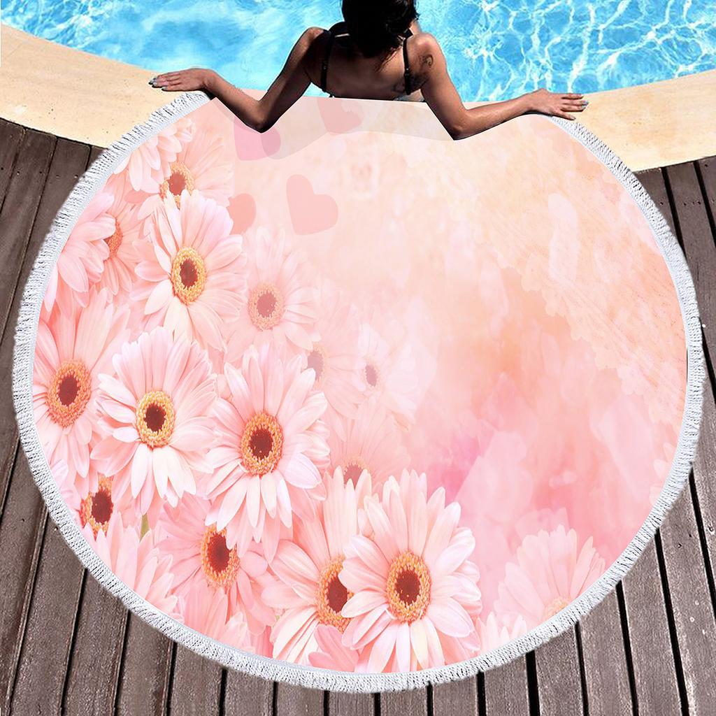 Vintage Floral Round Beach Towel with Tassels, Farmhouse Flower Beach Blanket, Soft Microfiber Yoga Meditation Mat Picnic Rug