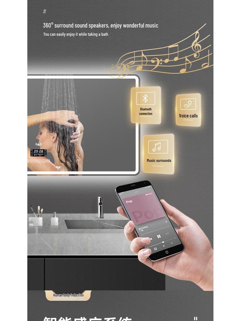 European-Style LED Square Bathroom Mirror with Touchscreen, Anti-Fog, Bluetooth, and Induction Features