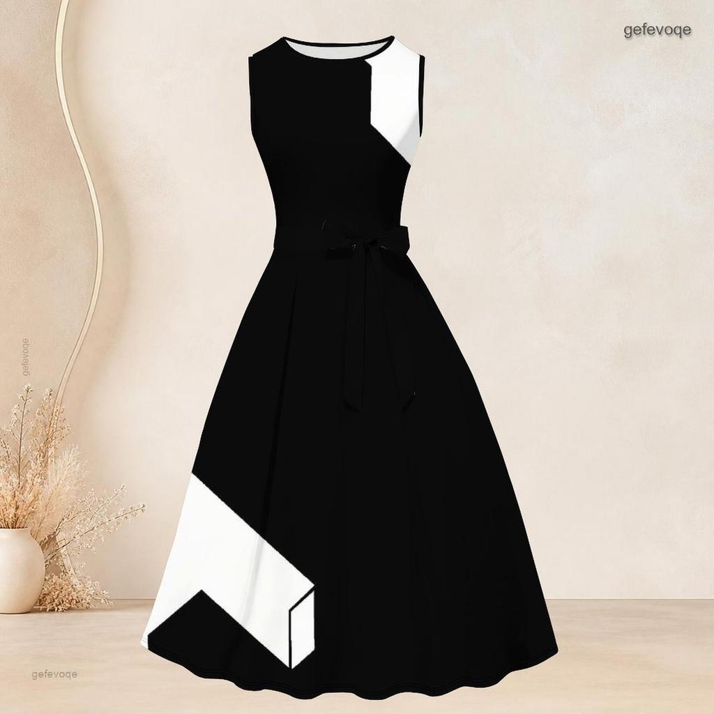 Women Plus Size Two Piece Set Long Sleeve Open Cardigan Sleeveless Round Neck Tie Waist Geometric Printed Black White Dress