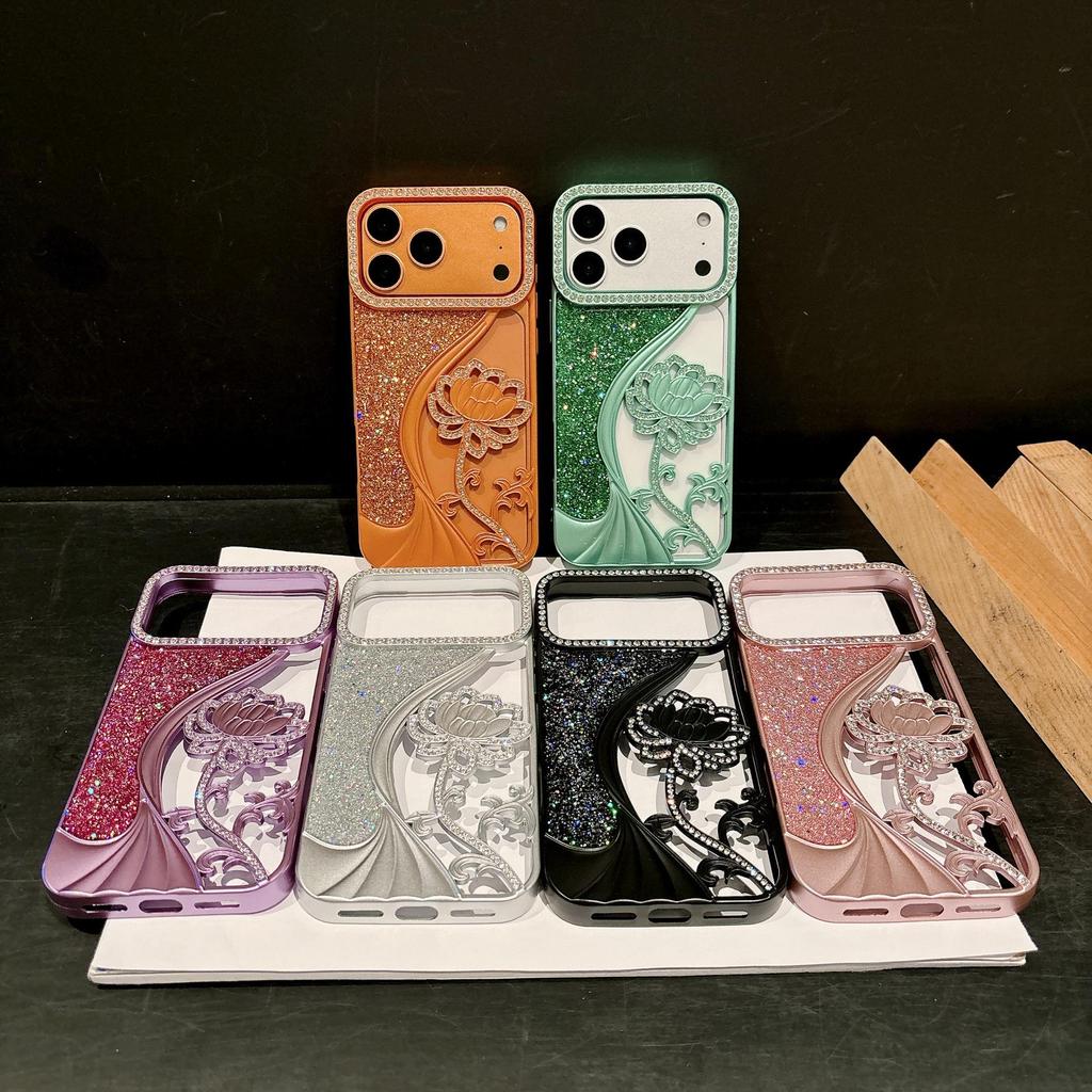 Rhinestone Lotus Flower Glitter Heat Dissipation Case for Apple 17 Pro Max/16/15
