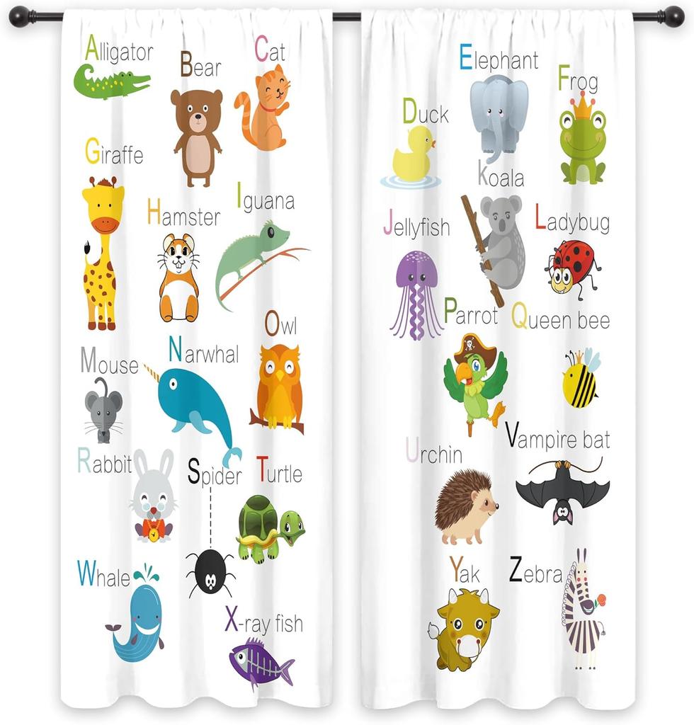 Abc Alphabet Kids Curtains Sheer Pocket Cartoon Animal Baby Boys Bedroom Decor Child Nursery Funny Learning Educational Fabric