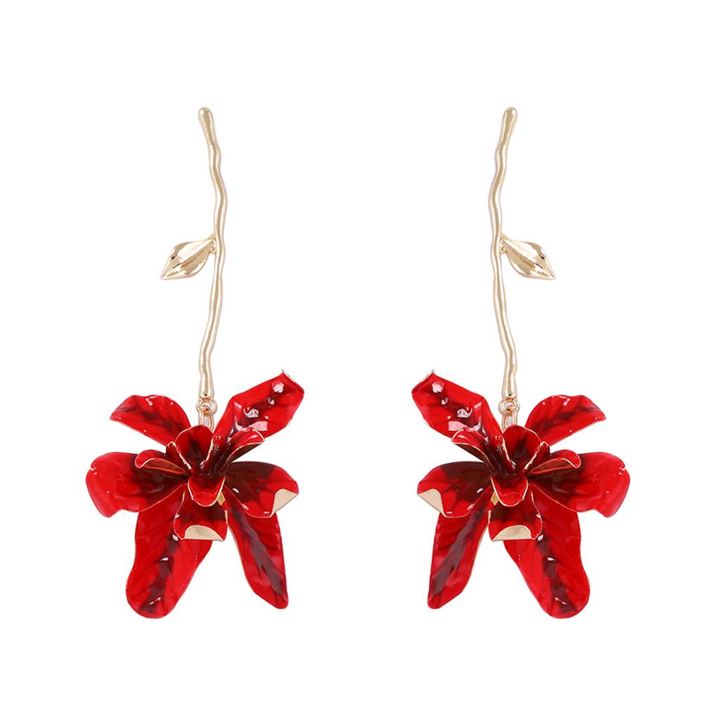Exaggerated Fashion Metal Flower Decoration Stem Earrings Versatile Temperament Holiday Style Long Women's Earrings