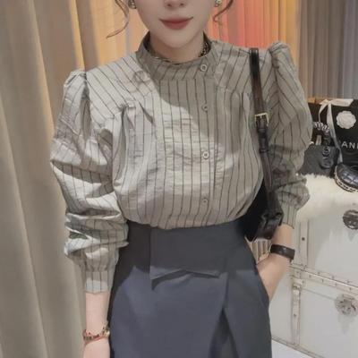 Women's Retro Korean-Style Striped Long-Sleeve Shirt - Elegant and Loose Fit