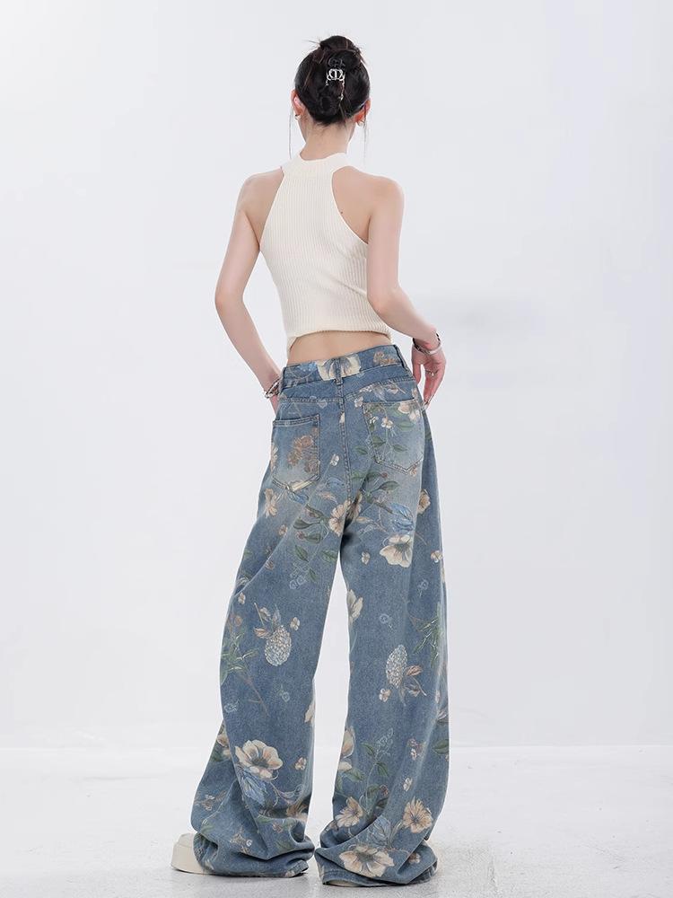 Printed Denim Jeans, Loose Fit, Versatile Wide-leg Pants
