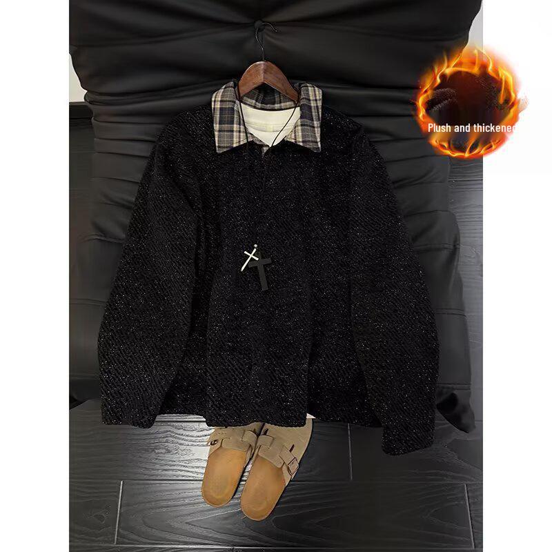 Men's Retro Plaid Velvet-Lined Hoodie: Autumn/Winter Street Style Trendy Loose Fit Jacket