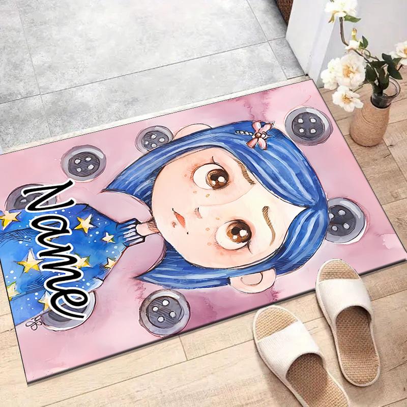 Custom Coraline Mat Personalized Name, Polyester Washable Indoor Entryway Rug, Gift for Christmas, Easter, Thanksgiving Day