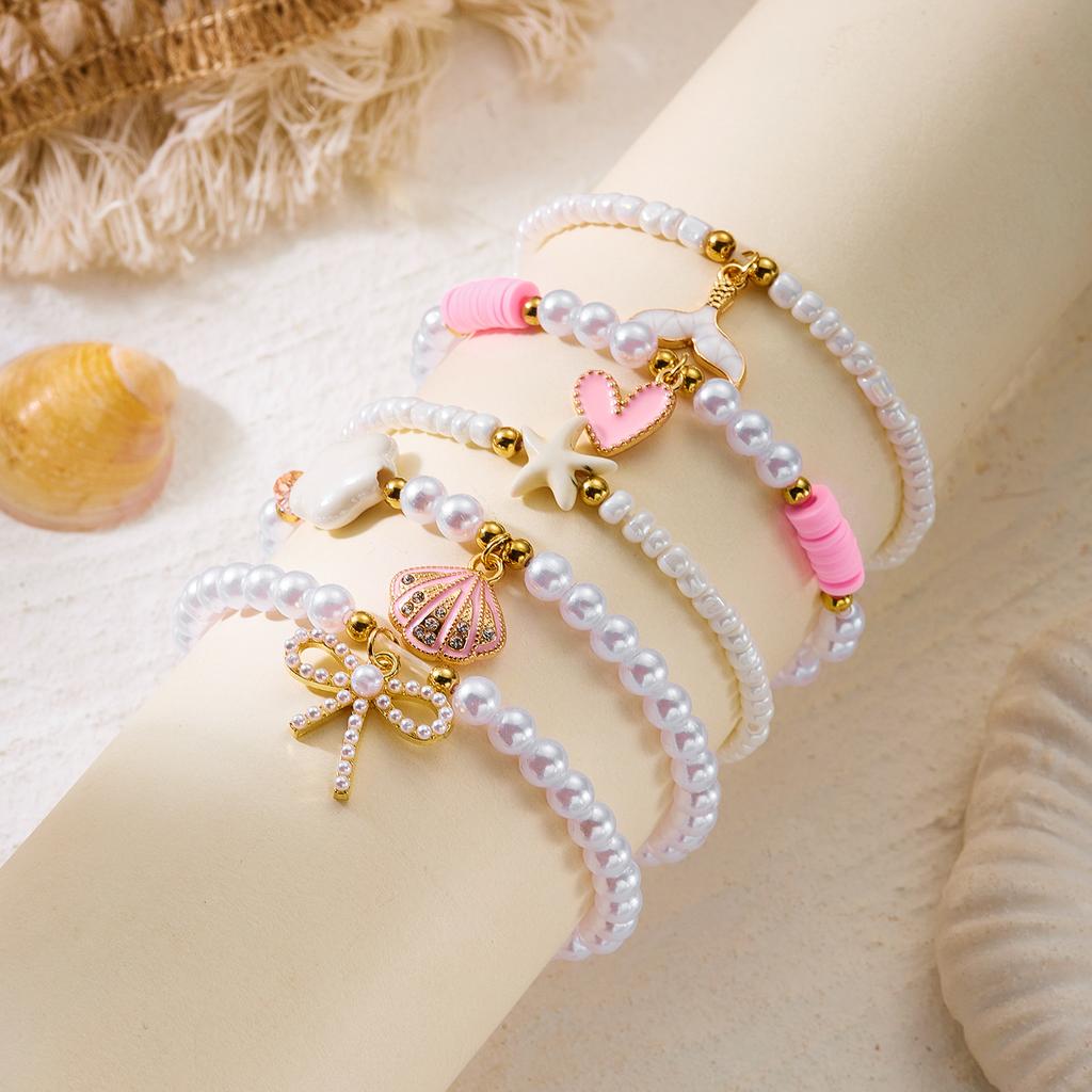 Sweet Pink Rice Bead Bow Bracelets Set for Women Bohemian Summer Shell Starfish Flower Bracelets Trendy Multi Layer Jewelry