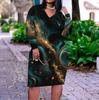 Women Plus Size V Neck Long Sleeve Red Black Printed Fitted Straight Dress