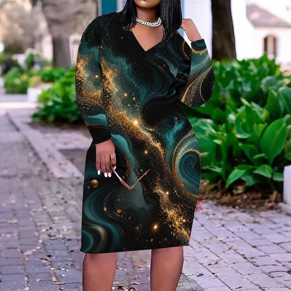 Women Plus Size V Neck Long Sleeve Red Black Printed Fitted Straight Dress