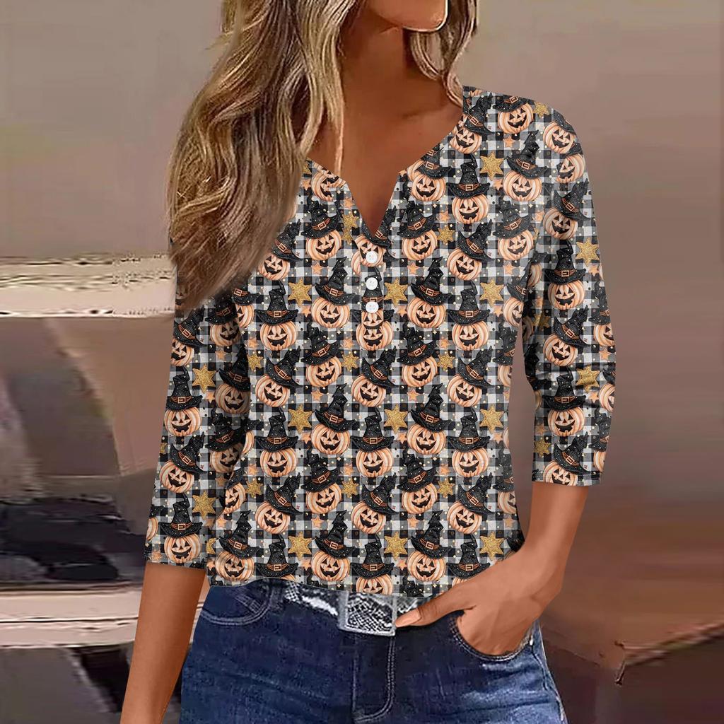 Women's Fashion Casual Halloween Printed V.Neck Short Sleeve Decorative Button Three.quarter Sleeve T-shirt Tor