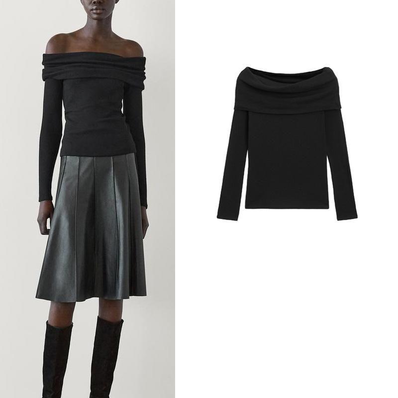 MD Spring New Nanfa Elegant Elegant Black Lady Style Silm off-Shoulder Long Sleeves Knitting T-shirt 6255107