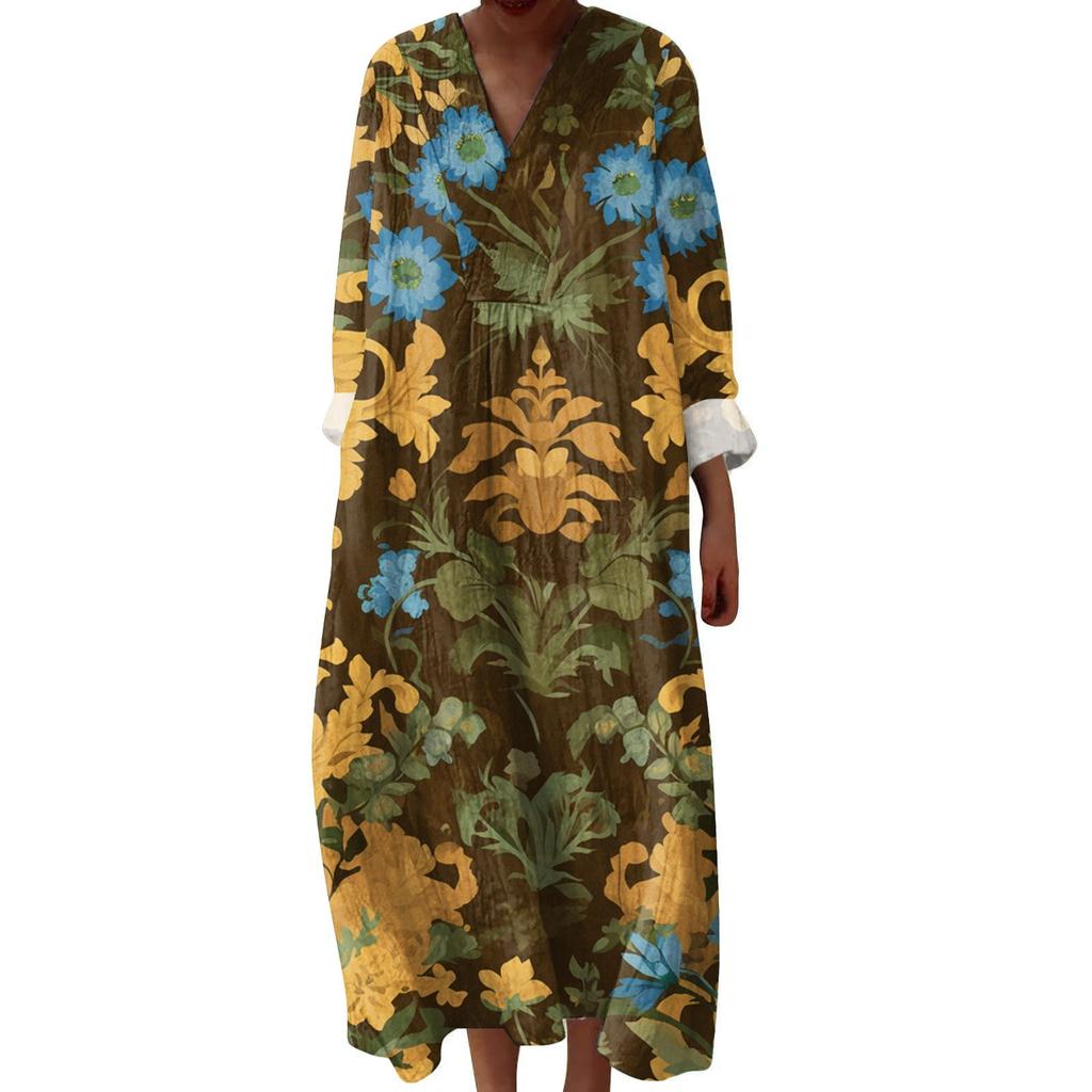 Women's Casual And Fashionable V-Veck Flower Print Long Sleeved Dress Long Sleeved Dress