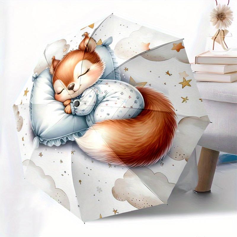 Sleepy Squirrel, Starry Night Automatic Folding Umbrella Simple Eight Rib Design, Bright Color Pattern, Durable Iron Frame, Ideal for Trave