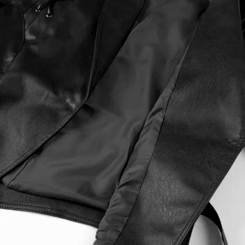 Womens Faux Leather Jacket Fall Winter Lapel Adjustable Belt Slim Fit Black Motorcycle Coat