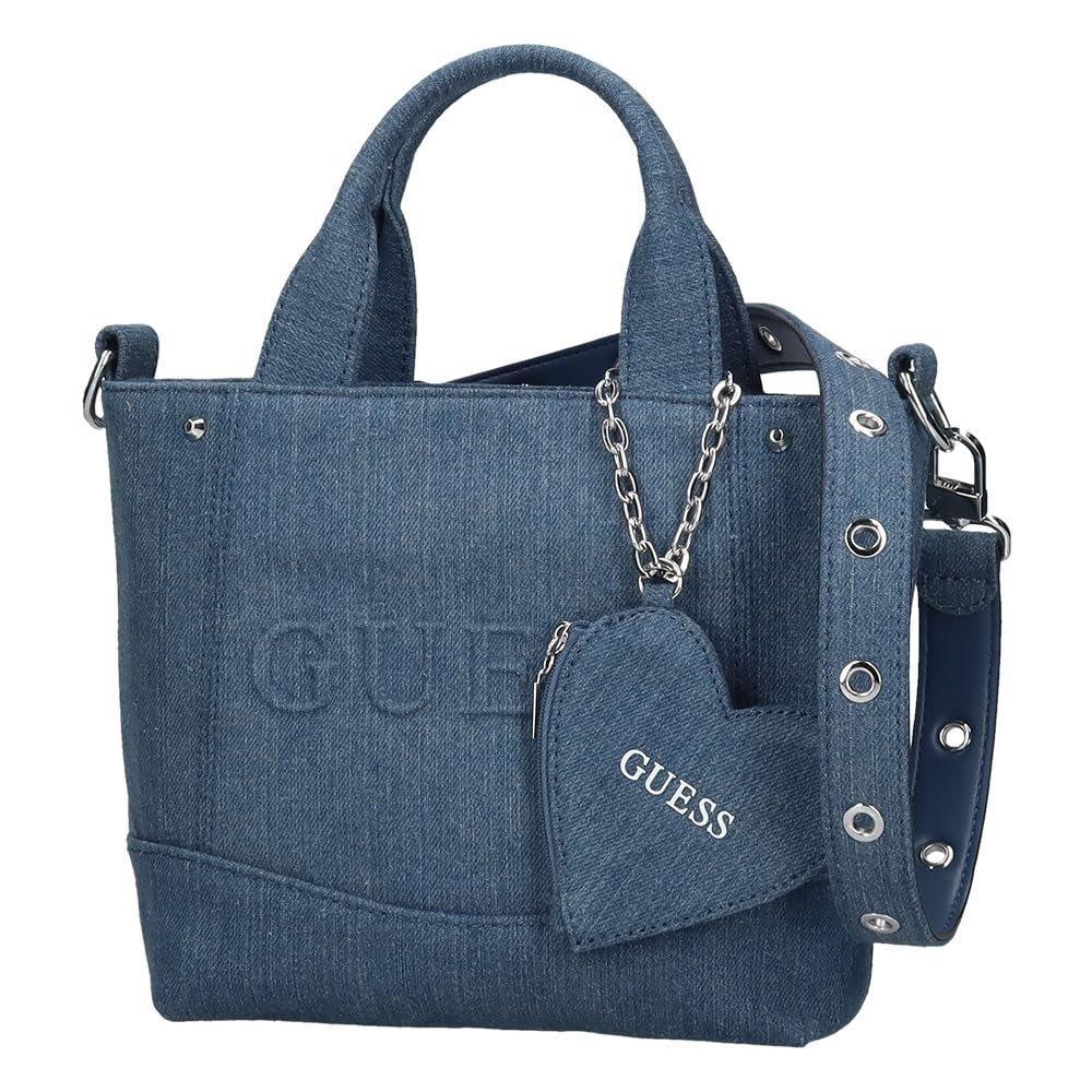 GUESS SASHA Mini Denim Tote Bag DY975175 DEN with Heart Pouch Charm, 2WAY Crossbody and Shoulder Handbag