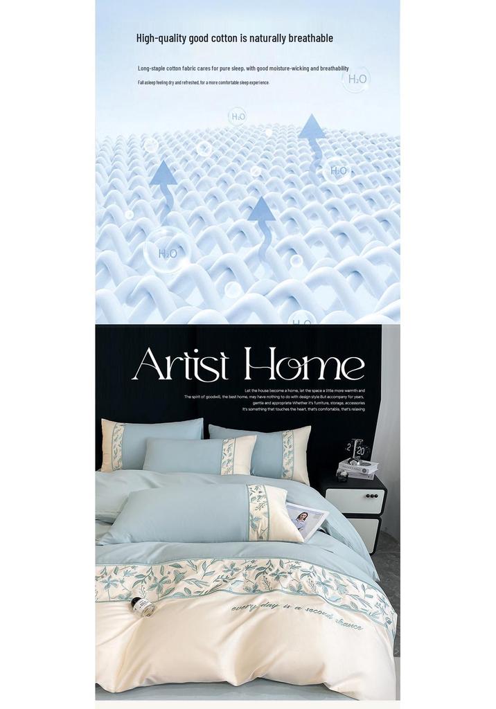 Light Luxury 100% Long-Staple Cotton Embroidered Bedding Set - High-End Four-Piece Pure Cotton for All Seasons.
