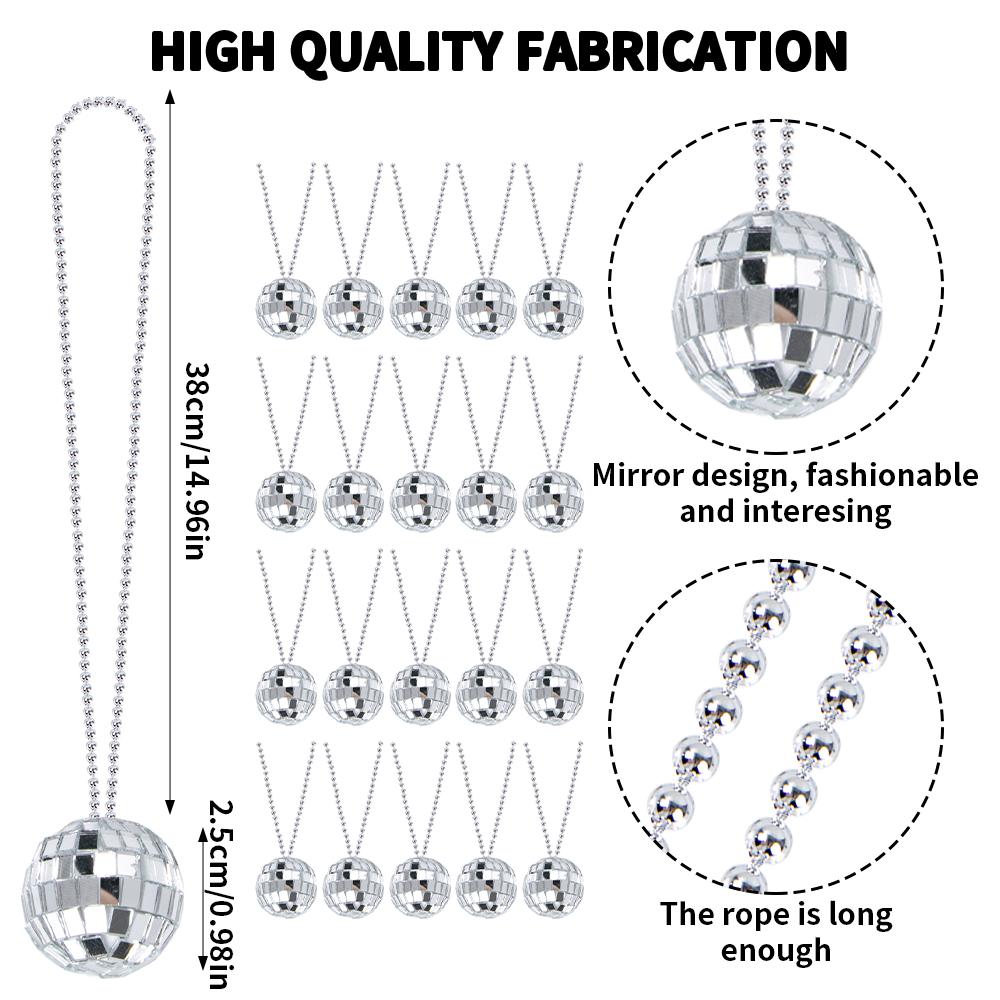 12/20pcs Mirror Disco Ball Necklaces Silver Disco Necklace 70s Disco Party Necklaces Costume Accessories for Dance Party Supply