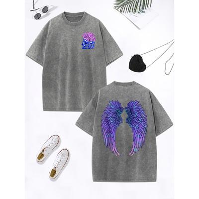 Cool Purple Creative Wings Rose Prints Washed T-Shirt Women Cotton Oversized T Shirt Distressed O-Neck Tops Clothes