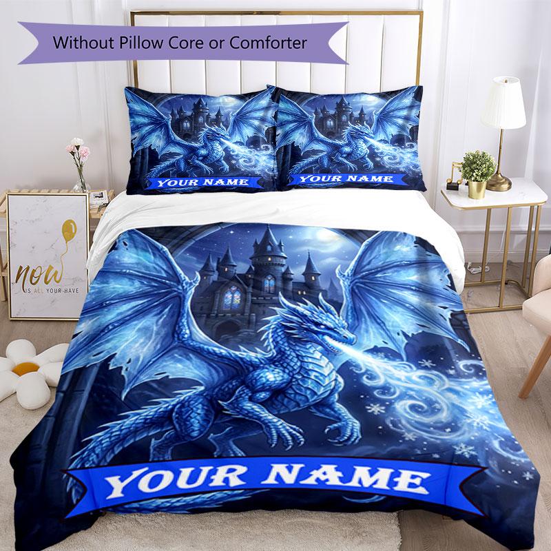 3PC Custom Name Blue Dragon Castle Night Bedding Set Duvet Cover Closure Includes 1 Duvet Cover & 2 Pillowcases for Bedroom