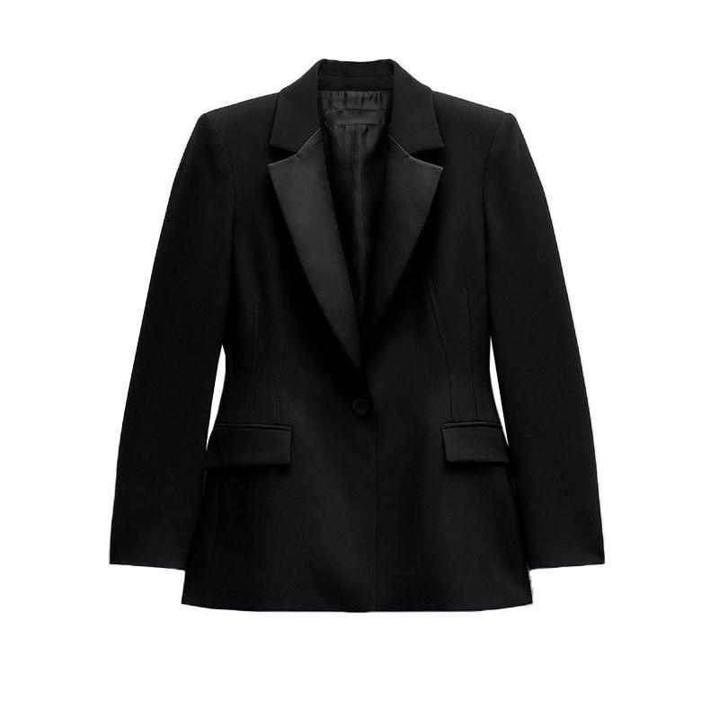 

Весеннее поступление Платье с текстурой шелкового сатина Лацкан Пэчворк Костюм Верхняя одежда 2291595 2291600 Black L