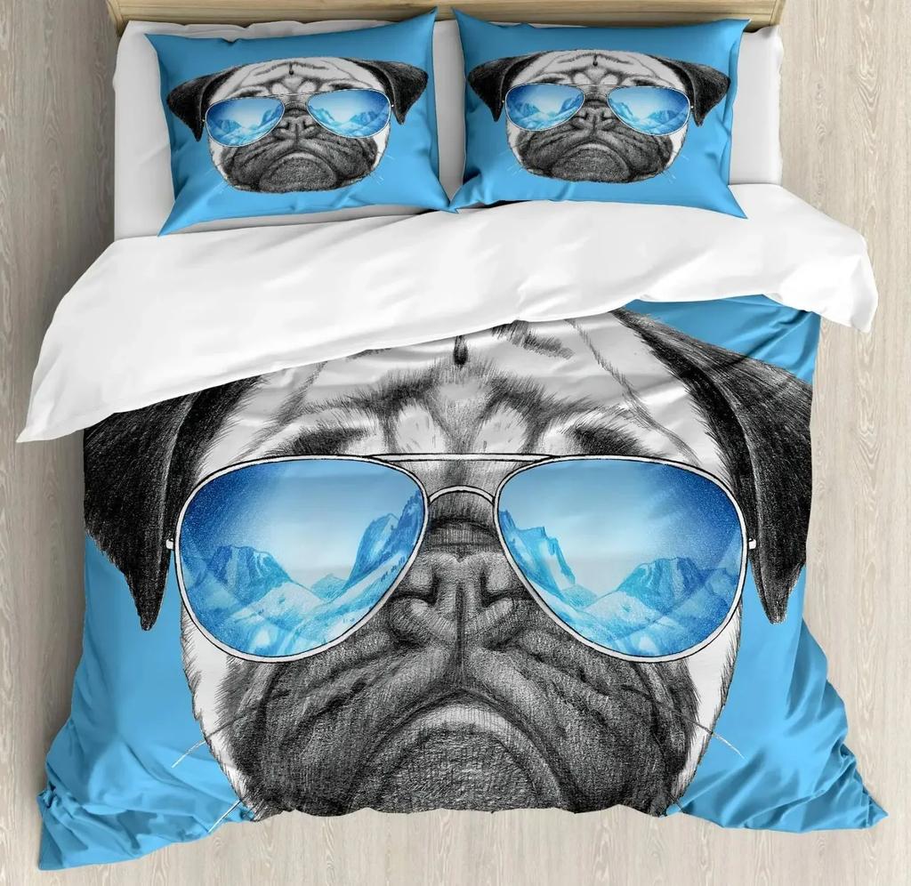 Cartoon Pug Dog Comfortable Duvet Quilt Cover Pillowcase Bedding Set Children Bedroom Decoration Home Textile