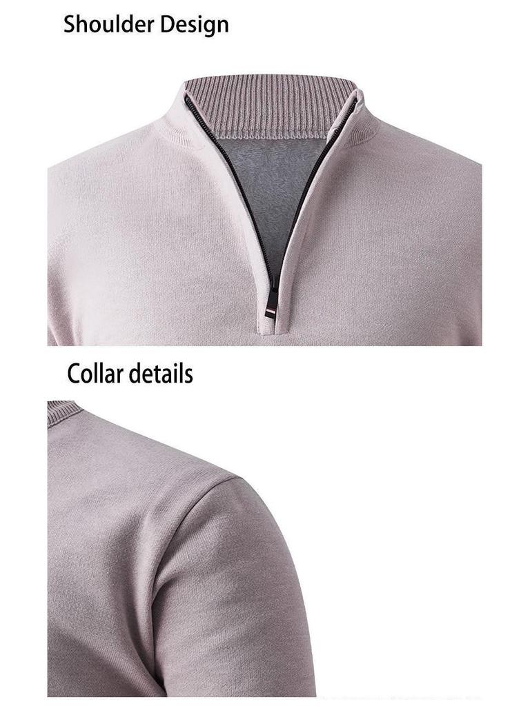 Men's Fleece-Lined Half-Zip Stand-Up Collar Knit Pullover for Autumn/Winter