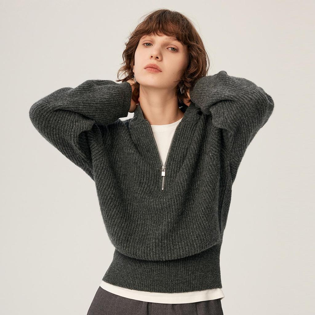 Damen Pullover mit halbem Reißverschluss aus geripptem Kaschmir - Herbst/Winter Lockere Passform mit lässigem Revers