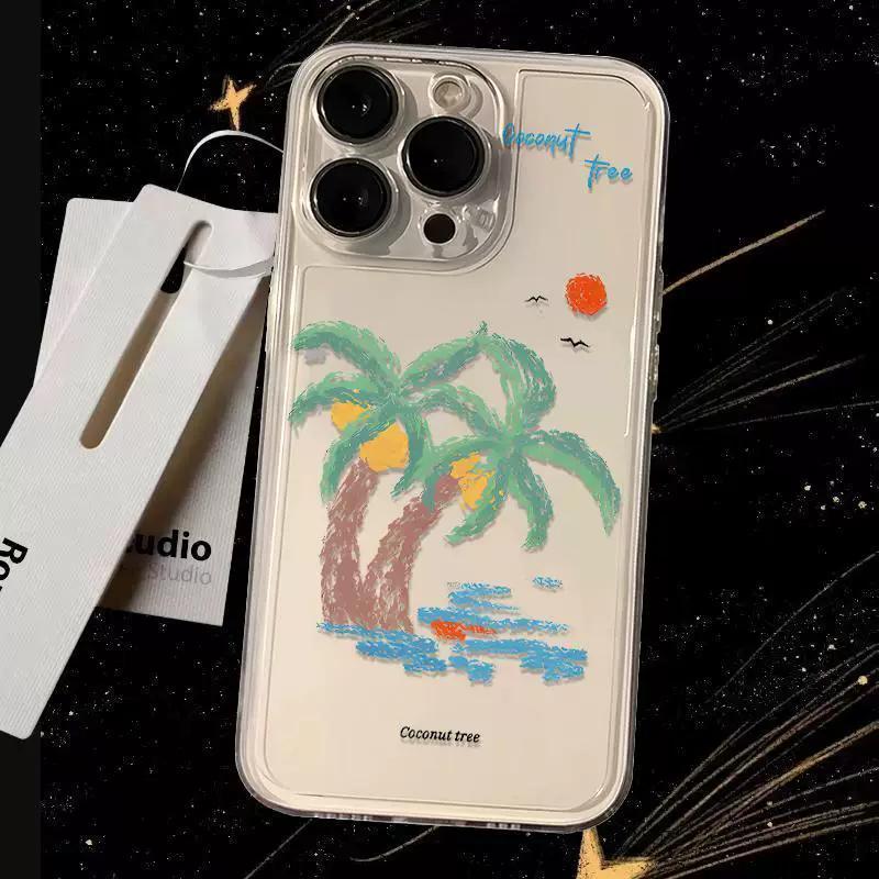 Coconut Tree Clear Phone Case, Hand-Drawn Summer Beach Palm Tree Shockproof Cover for iPhone