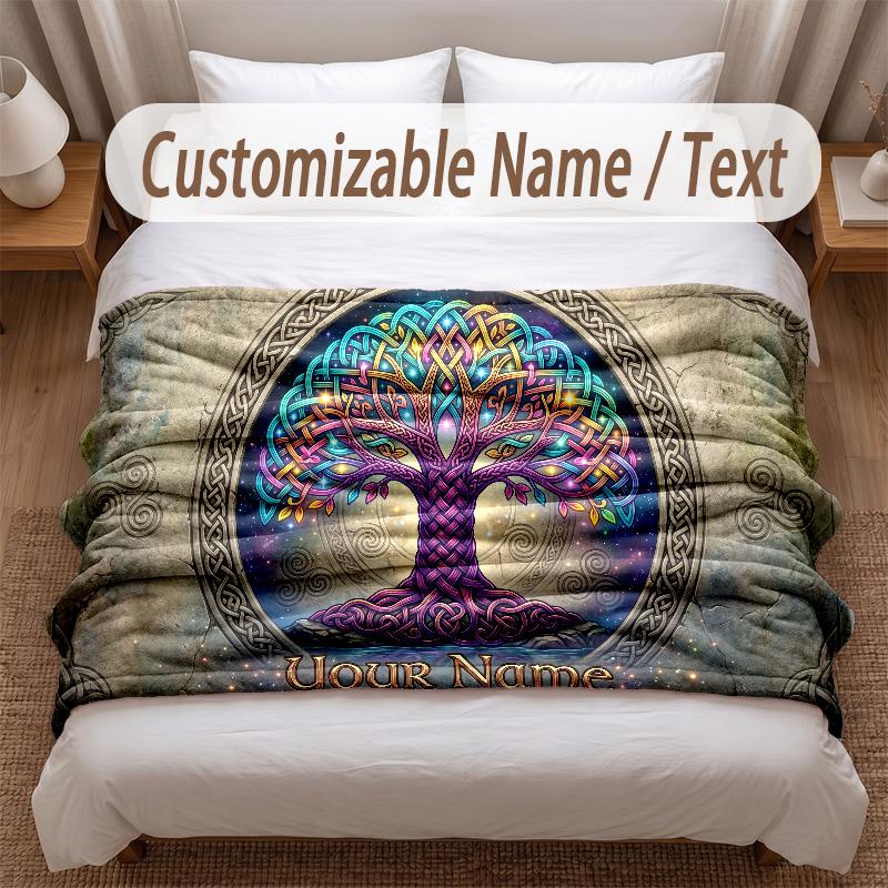 Tree of Life Theme Soft Blanket Personalized Custom Name Text Print Warm Blanket Home Sofa Bedroom Decor