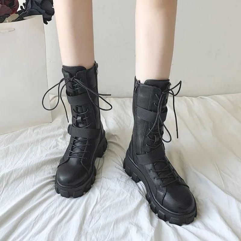 Fashion Lace-up Platform Black Women's Half High Boots New Rock Offer 2025 Ladies Mid Calf Shoes Y2k Fashion Hot Footwear On Promotion