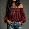 Women's Off-Shoulder Smocked Top, Color Casual Bouse Shirt for Everyday Wear