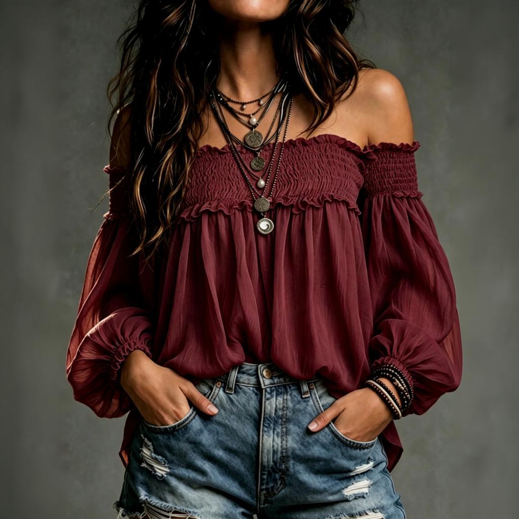 Women's Off-Shoulder Smocked Top, Color Casual Bouse Shirt for Everyday Wear