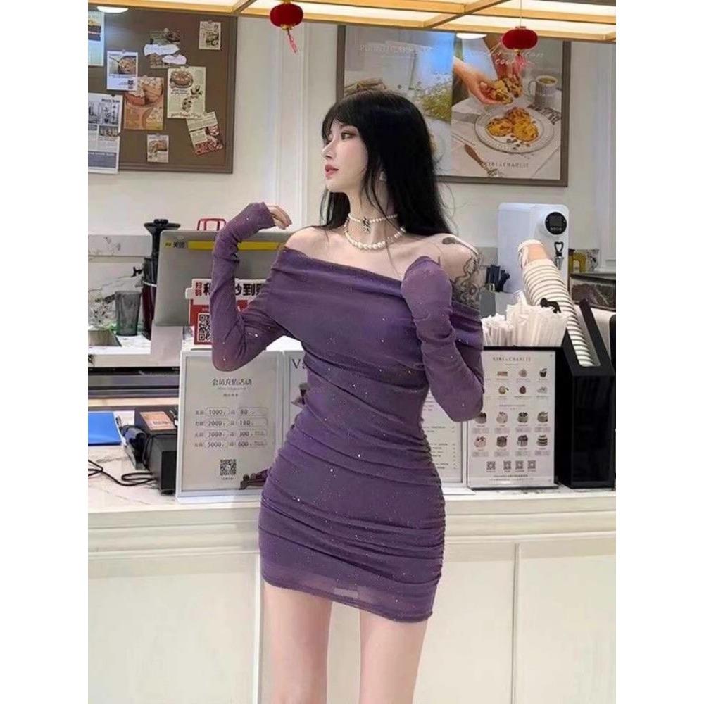 Purple Sparkling Pure Lust Style New Temperament Dress One-line Slanted Shoulder Long Sleeve Waist Slim Fit Hip Skirt for Women
