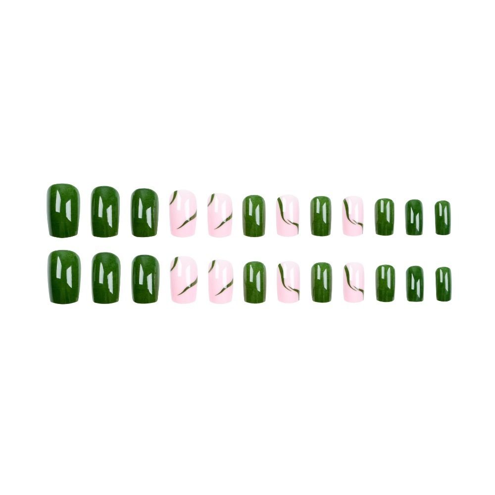 24pcs Nail Tips White Edge Press On Nails Fake Nials False Nails Green Ripple French Long Square