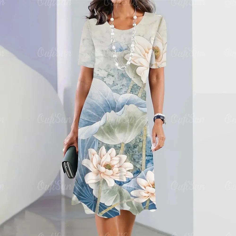 Elegant Summer Color Block Short Sleeve 3D Floral Maxi Dress with Cinched Waist and Round Neck