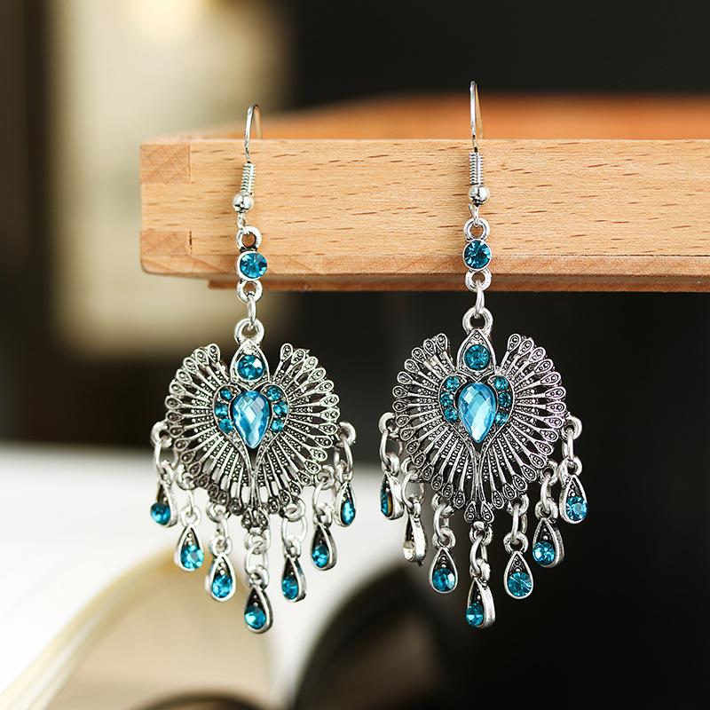 Bohemian Ethnisch Lang Blau Acryl Kristall Wassertropfen Ohrringe für Damen Retro Temperament Geometrisch Hängende Ohrringe Schmuck