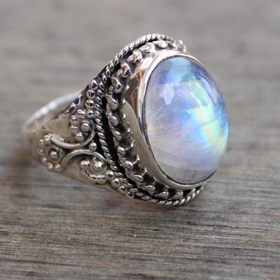 Regenbogen-Mondstein-Edelstein-Ring, handgefertigter Designer-Ring, Boho-Ring, 925 Sterling Silber, ovaler Ring, Verlobungsgeschenk