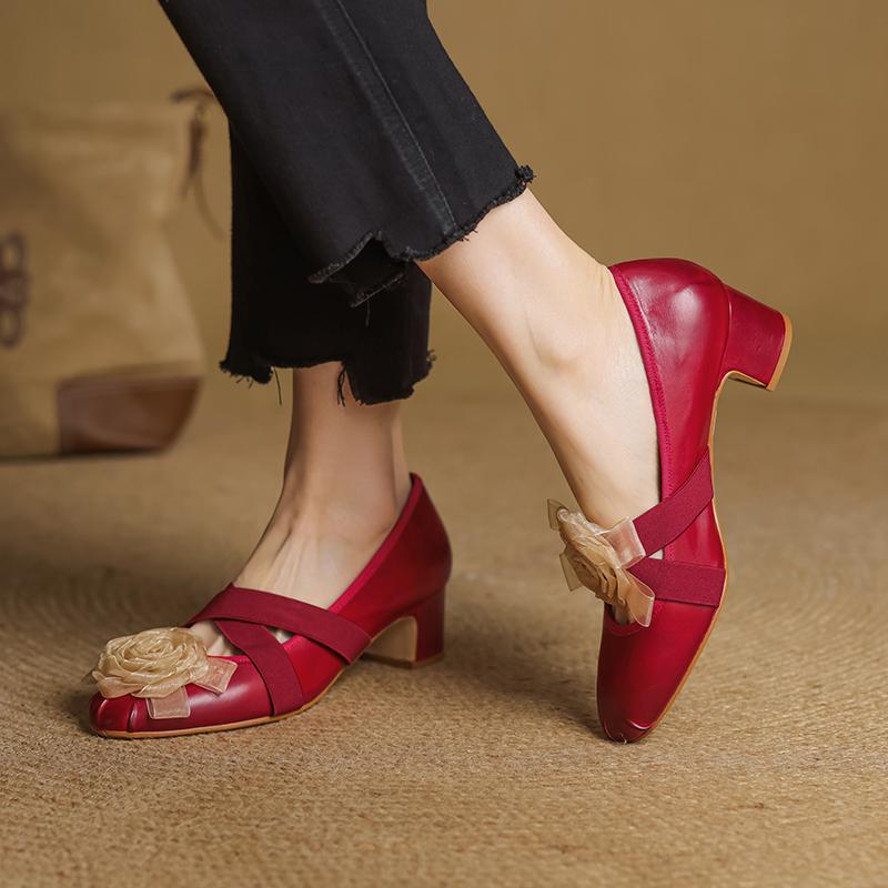 Fashion 2025 New Spring Women Pumps Genuine Leather Round Toe Women Shoes Fashion Hollow Out Flowers Ladies Shoes Mary Janes