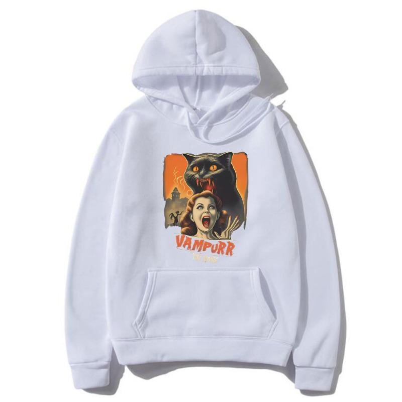 Movie vampire cat graphic hoodie, terrifying Halloween print pattern hoodie, men's retro top, street Harajuku funny clothing