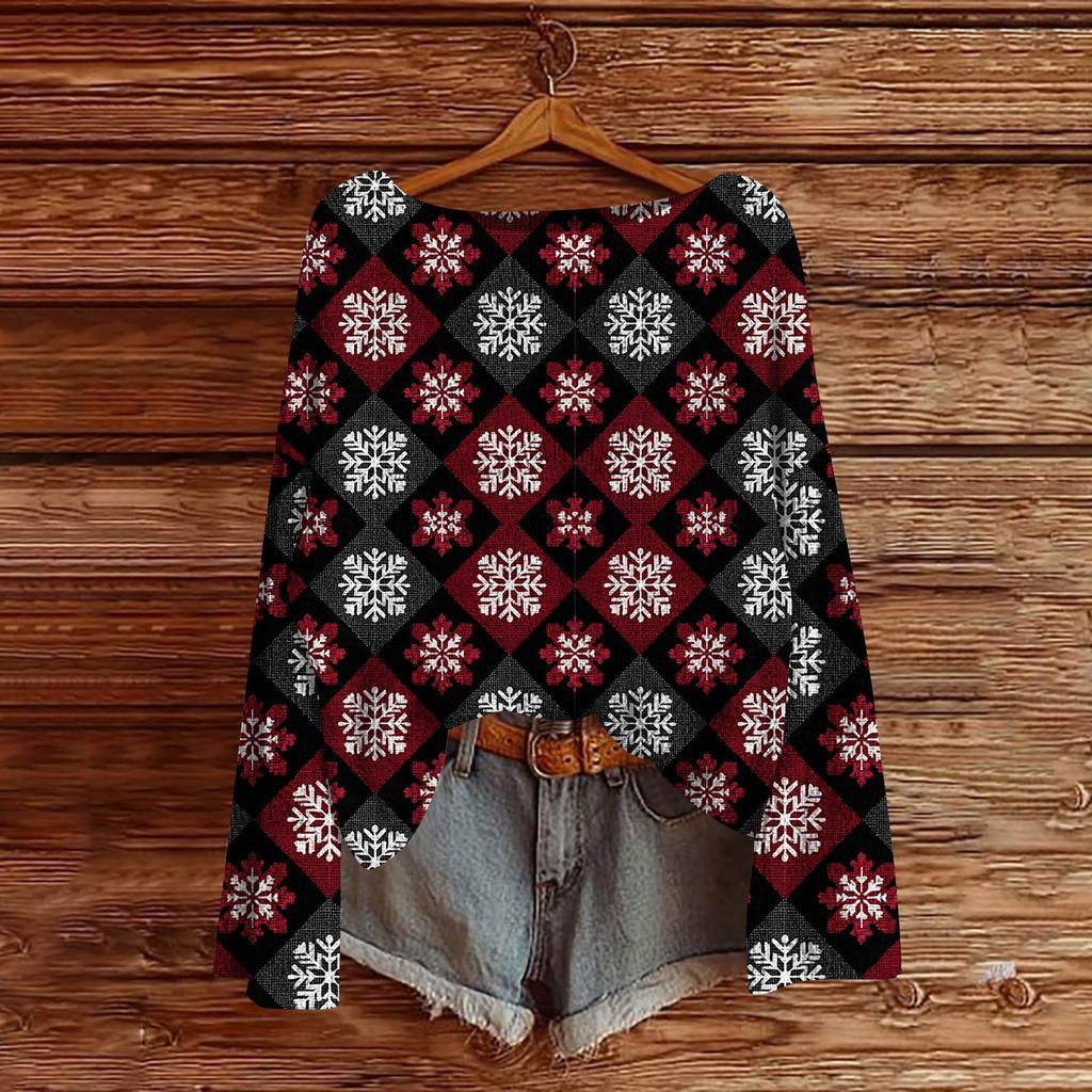 Women's Fashion Christmas Print Lightweight Sweater Casual Long-Sleeve Knit Pullover Top