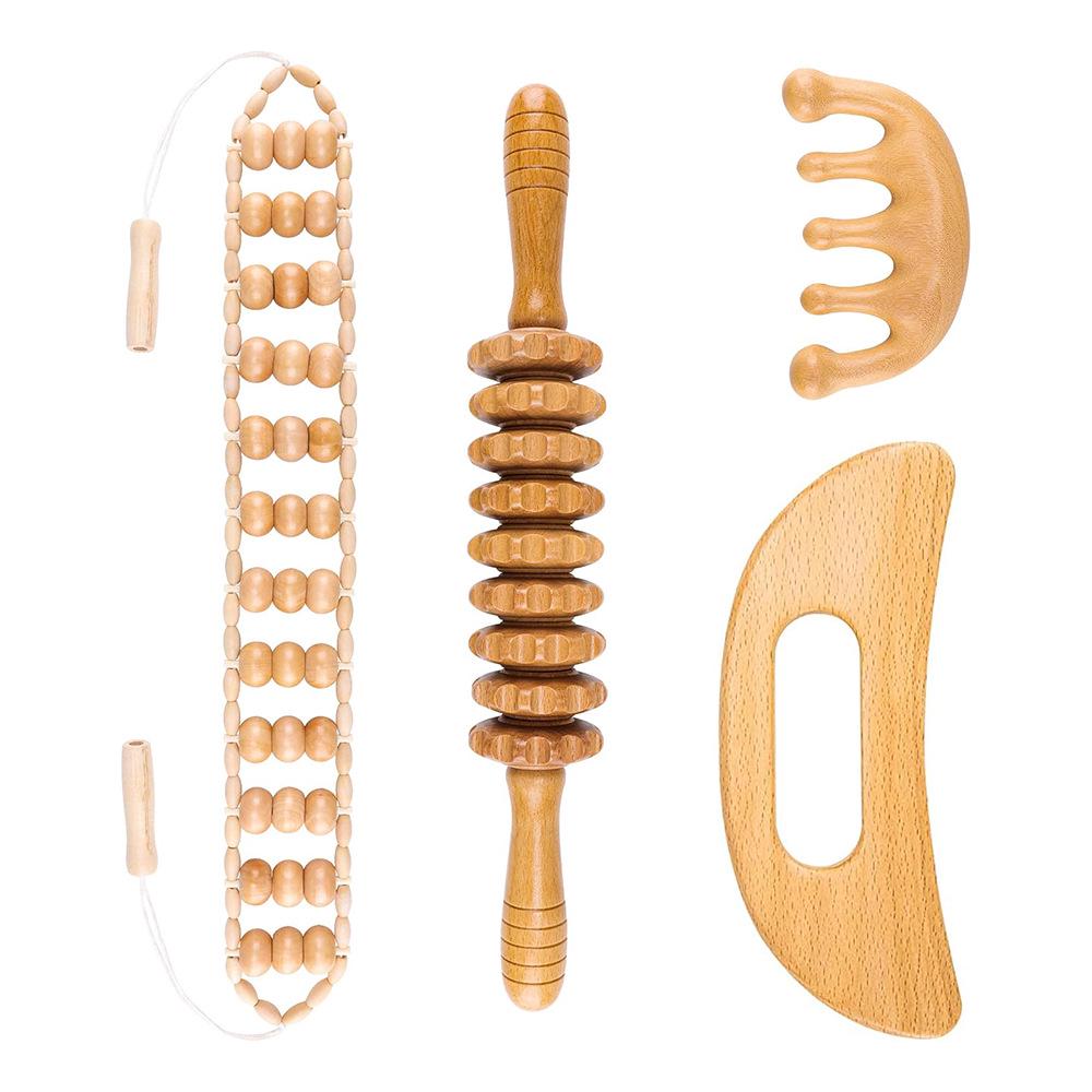 Solid Wood Meridian Massage Set: Face & Leg Gua Sha, Handheld Roller for Full Body Relief