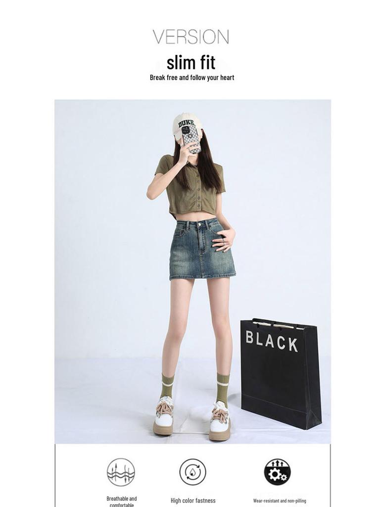 Women's High-Waist Stretch Retro Denim A-line Mini Skirt - Anti-Exposure, Hip-Hugging, Perfect for Spring/Summer Fashion