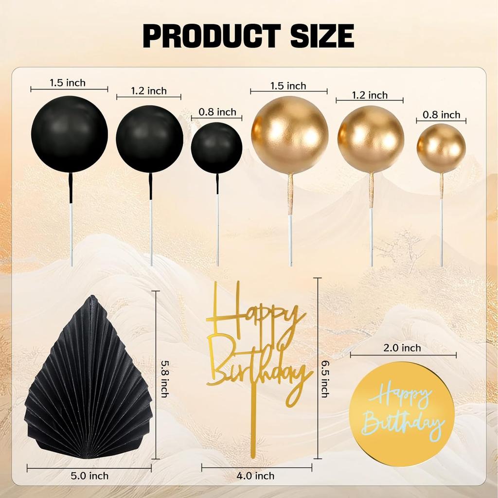 26 ks Pán Černý Topper na Dort Černé Zlaté Koule Palmové Listy Černé Zlaté Dekorace na Dort pro Černou Tématickou Svatbu Narozeninovou Oslavu