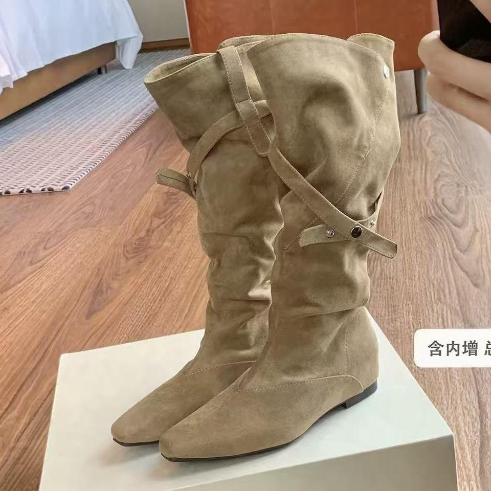 Western cowboy boots pointed niche button two wear new medium boots design stack with suede V retro