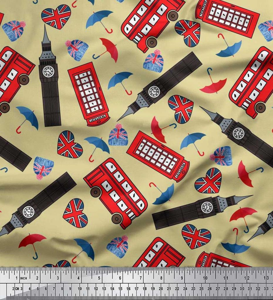 Soimoi Japan Crepe Satin Fabric Bus,Telephone Booth & London Clock Tower Architectural Print Sewing Fabric Metre 42 Inch
