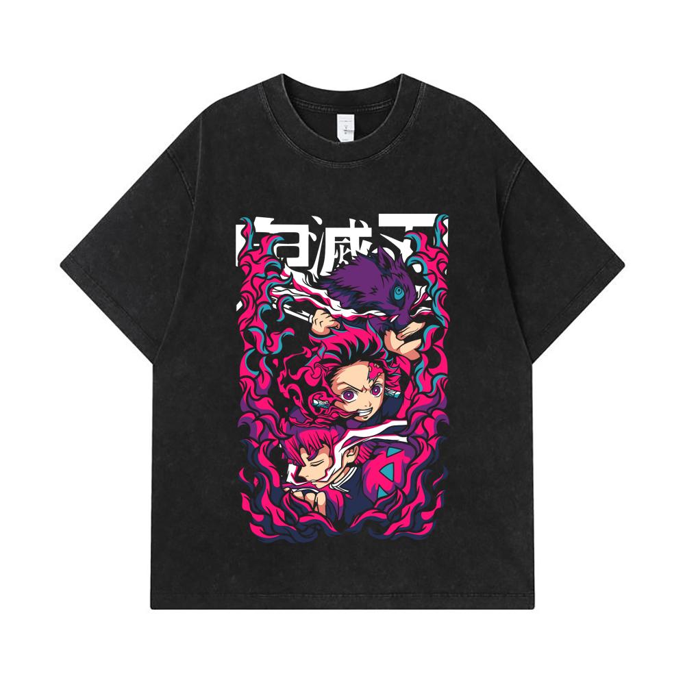 275 GSM Washed T-shirts 100% Cotton Demon Slayer V78 Print Unisex Heavy Cotton T Shirt