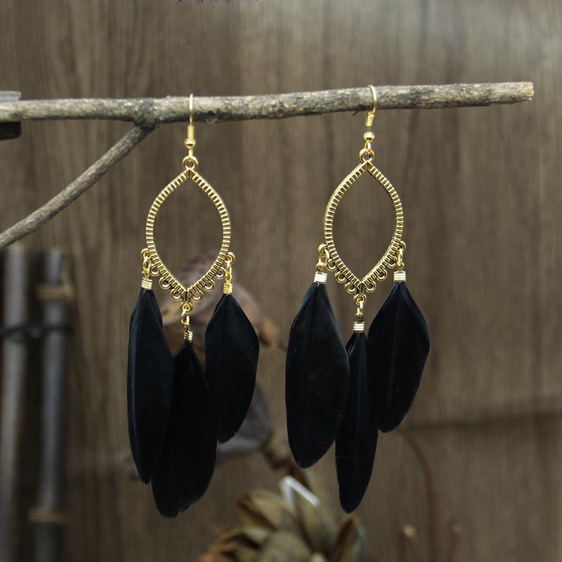 Trendy Ethnic Retro Multicolor Feather Beaded Circle Dangle Earrings