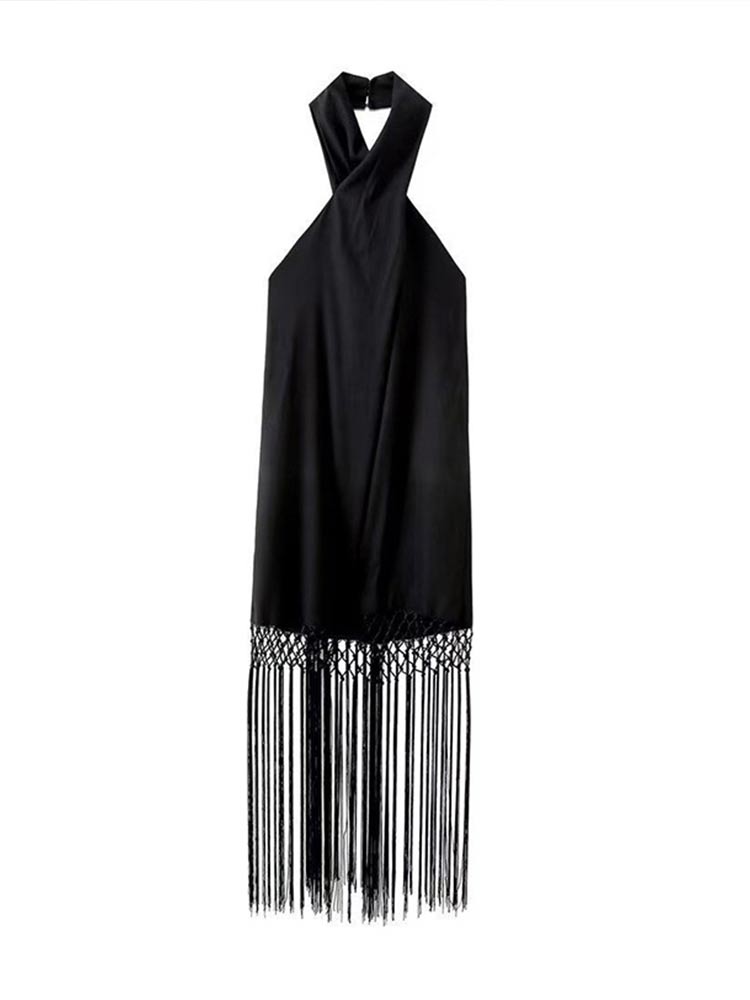 Sexy Halterjurk Vrouwen Zwart Kwastje Rugloos Linnen Mouwloos Vrouwelijke Jurken Mode Strand Lange Dame Vestidos Plus Size Jurk Sukienka Zbiornika