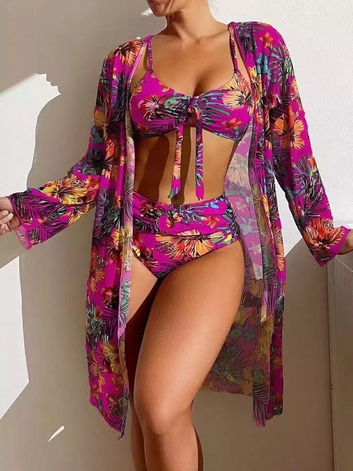 Summer Sexy Export Lace-up Solid Color Sexy Three-piece Set with Chest Pad No Steel Torch Biki Mesh Skirt