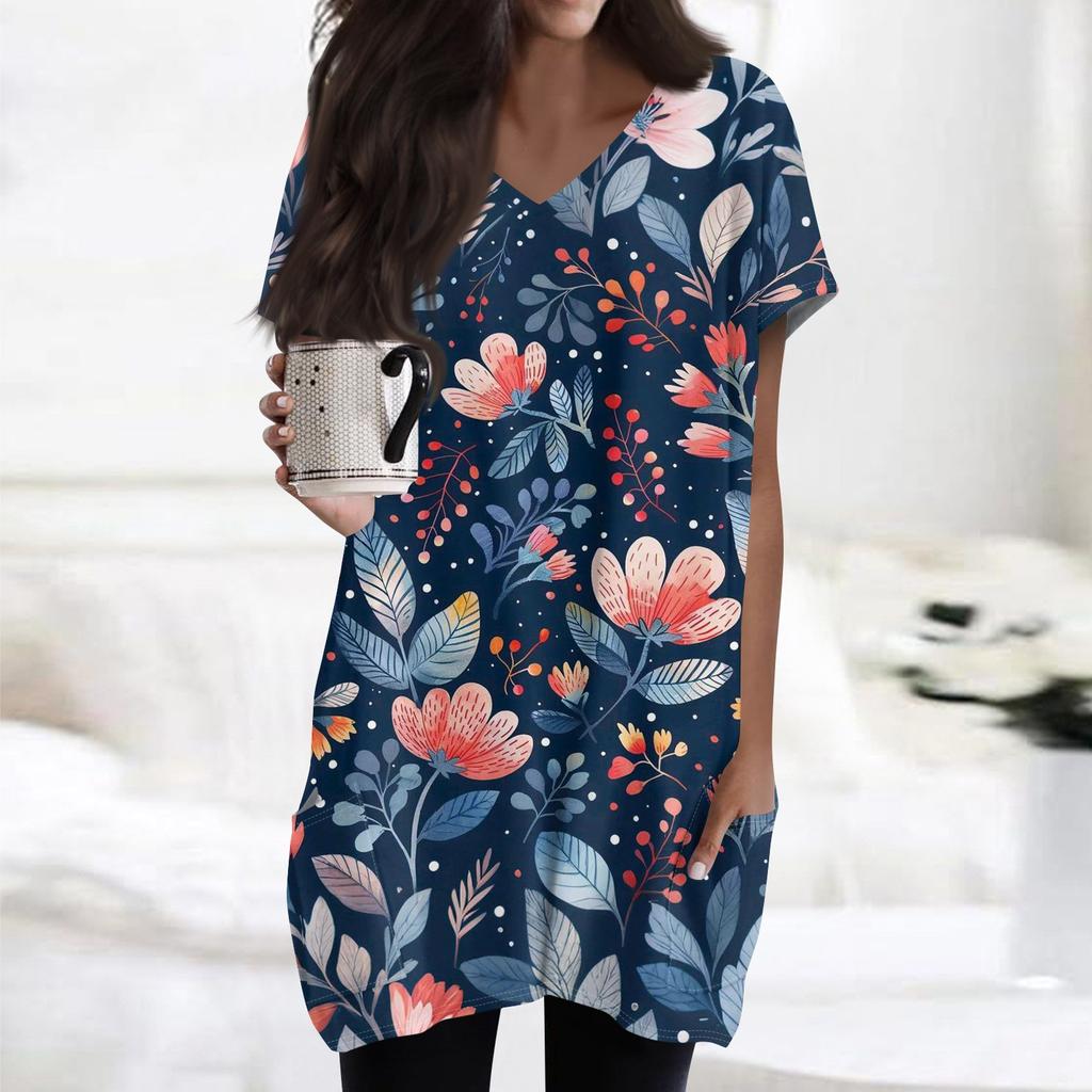 Damen Retro Blumen- und Blätterdruck V-Ausschnitt Midi Tasche Kurzarm Top
